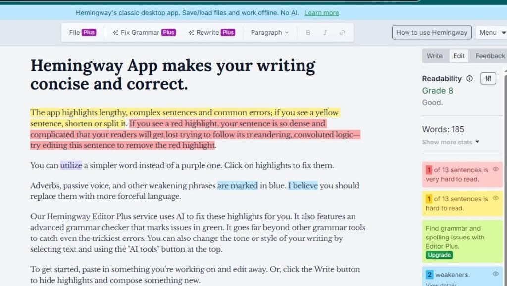 Hemingway Editor, Free writing tools for authors