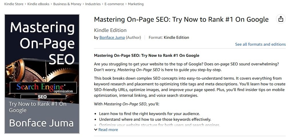 Screengrab of Mastering on-page SEO by Bonface Juma on Amazon, How to market your ebook on abudget